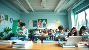 デジタル機器を使う多様な学生たちが登場する、スタディサプリ TOEIC キャンペーンを強調した魅力的な学習スペース。