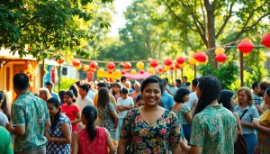 Engaging community gathering celebrating laoutaris with vibrant decorations and joyful interactions.