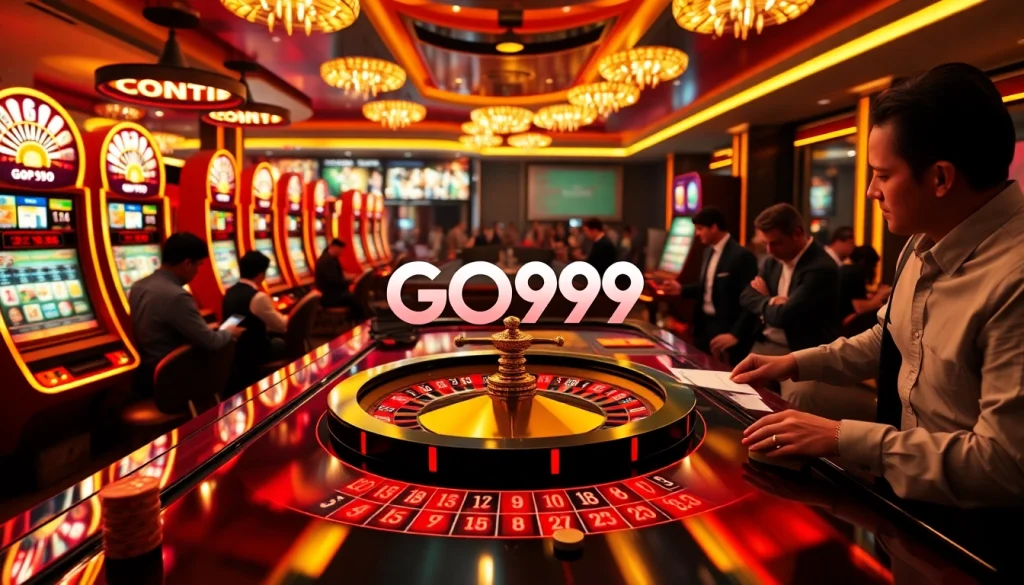 Players experiencing the thrill of GO99 roulette amid vibrant casino lights and luxury decor.
