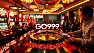 Players experiencing the thrill of GO99 roulette amid vibrant casino lights and luxury decor.