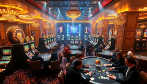 B52-themed casino gaming scene with players at roulette tables and luxurious decor.