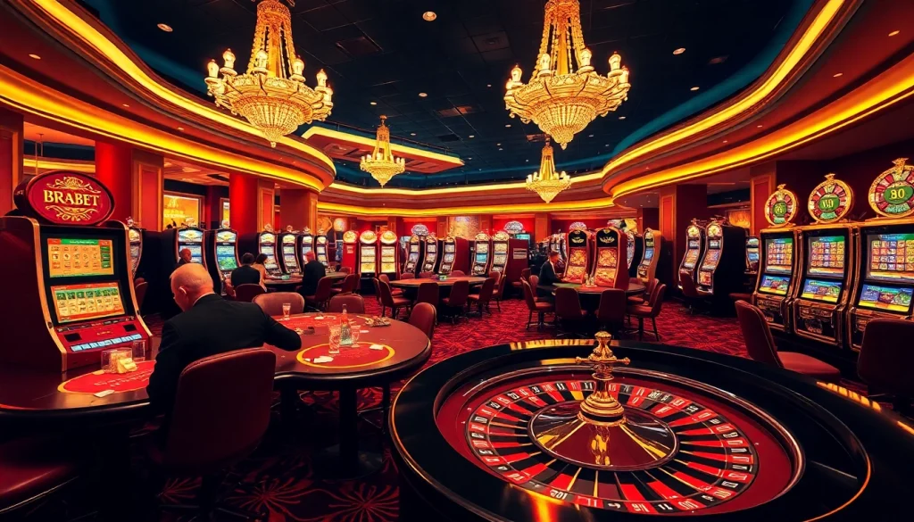 Experience BRABET's excitement in a vibrant casino atmosphere with luxury gaming tables and slot machines.