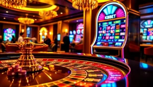 KBBET casino scene showcasing an elegant roulette table, vibrant slot machine, and inviting atmosphere.