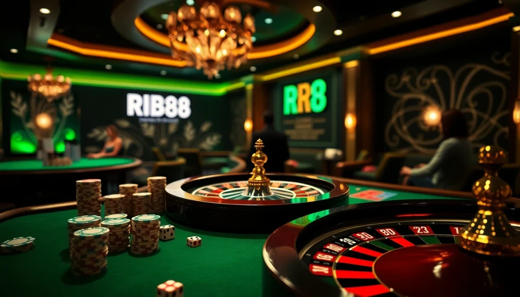 Players enjoying a thrilling game at RR88 casino tables with chips and dice.