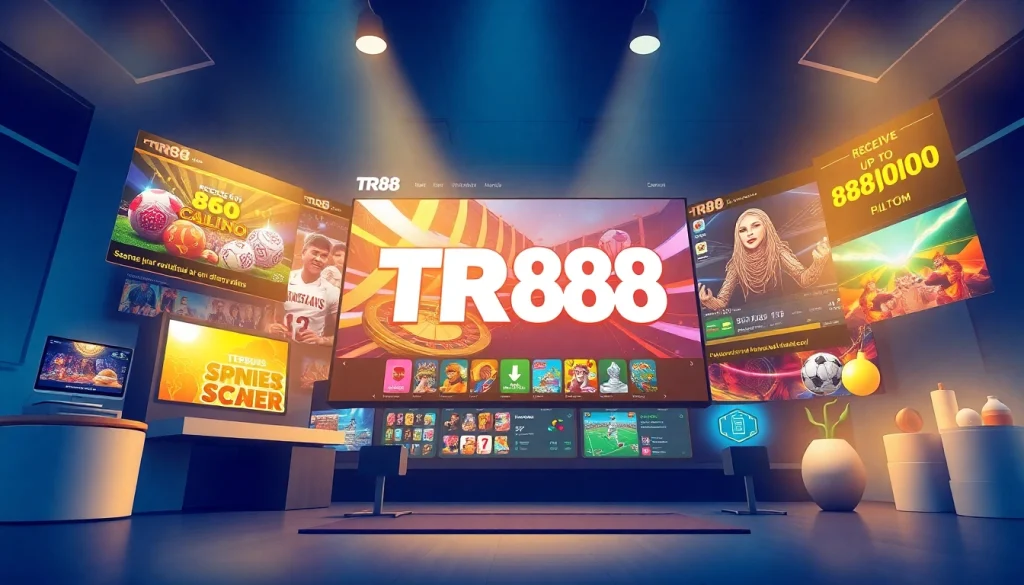 Engaging digital illustration of the TR88 trang chủ betting platform showcasing casino games and promotions.