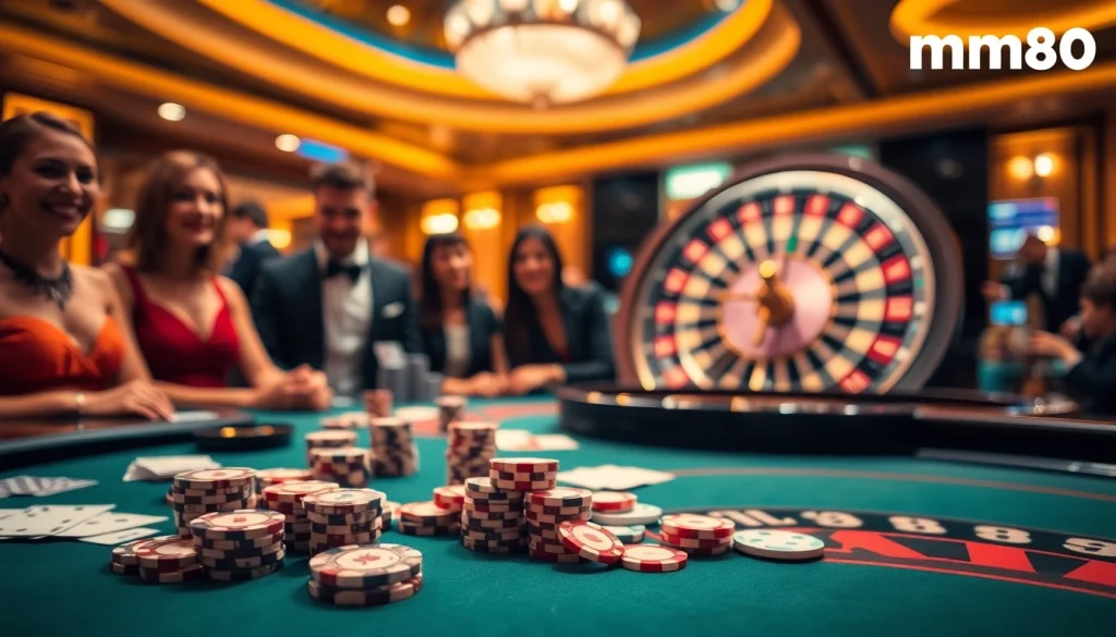 Players enjoying an exciting poker game at mm88 casino, showcasing chips and cards.