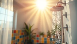 Experience a refreshing sunny shower with sunlight filtering through a beautiful shower curtain.