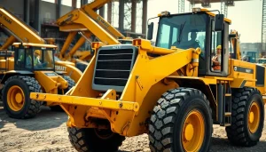 Rent wheel loaders efficiently handling materials on a busy construction site.