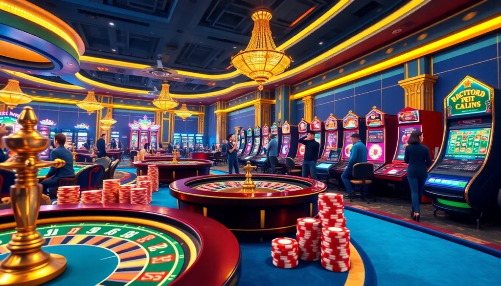 Engaging scene of online gambling at FC88 featuring vibrant casino tables and slots.