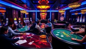 Excited players enjoying casino games at 68VIP with vibrant slot machines and poker tables.