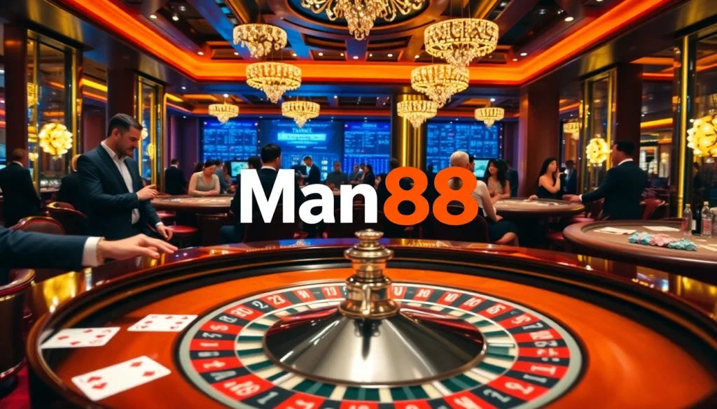 Experience the excitement of gambling with Man88 at an upscale roulette table, showcasing vibrant chips and cards.
