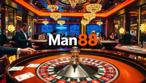 Experience the excitement of gambling with Man88 at an upscale roulette table, showcasing vibrant chips and cards.