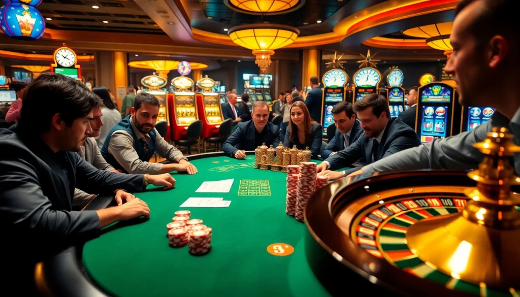 KJC poker players engaging in high-stakes action with vibrant casino elements in the background.