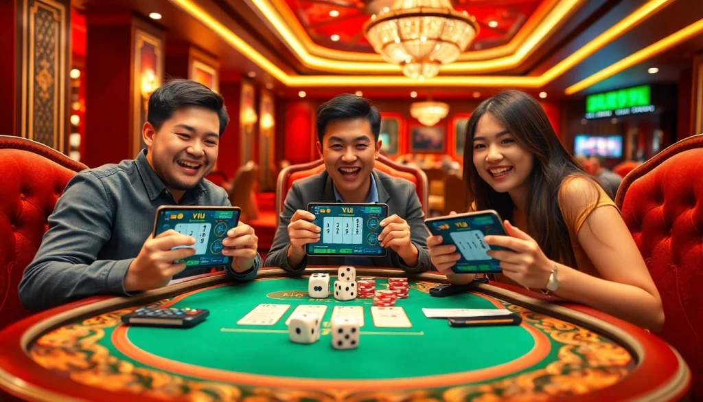 Experience the excitement of tài xỉu online with players immersed in a vibrant casino atmosphere.