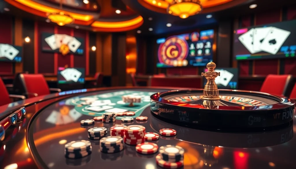 Experience the excitement of GG88 with vibrant poker chips and a roulette wheel in action.