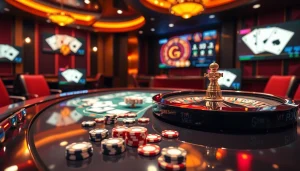 Experience the excitement of GG88 with vibrant poker chips and a roulette wheel in action.