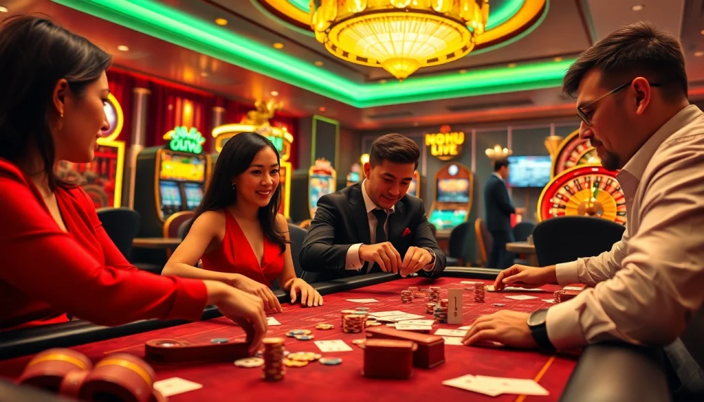 Exciting scene of players at NOHU LIVE casino table, showcasing high-stakes gambling action.