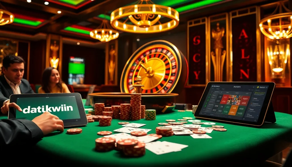 Pemain yang terlibat dalam permainan poker intens di meja kasino, menampilkan elemen Datukwin dan suasana yang hidup.