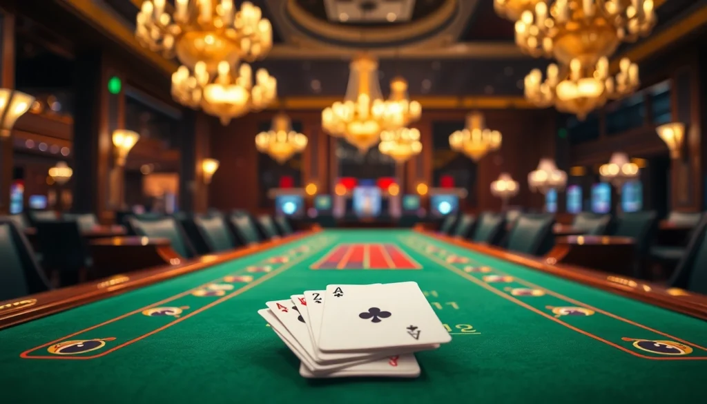 บาคาร่า เกมพนันที่ตื่นเต้นบนโต๊ะในคาสิโนหรูหราพร้อมการ์ดและไฟส่องสว่าง.