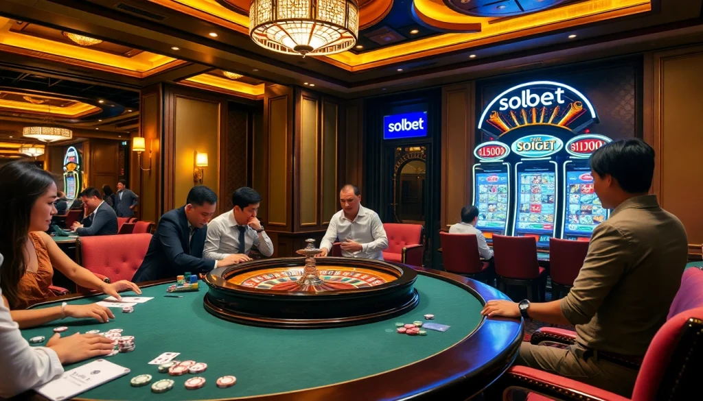 Experience sbobet gameplay at a luxurious casino with vibrant roulette and slot machines.