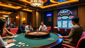 Experience sbobet gameplay at a luxurious casino with vibrant roulette and slot machines.