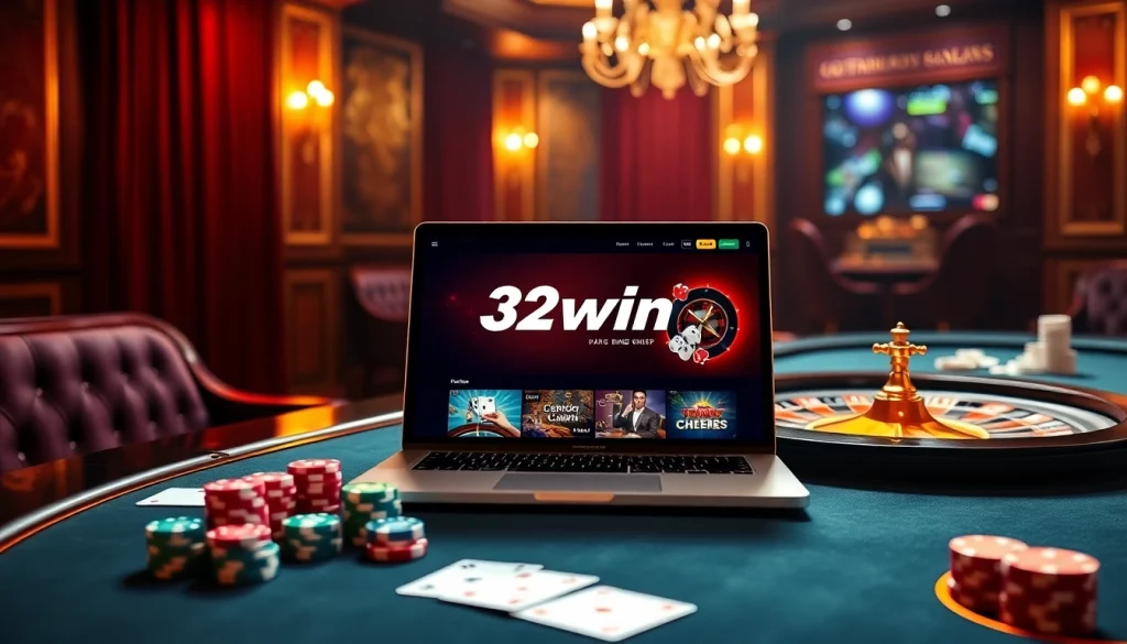 Experience 32win đăng nhập with a vibrant casino scene featuring poker and roulette.