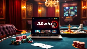 Experience 32win đăng nhập with a vibrant casino scene featuring poker and roulette.