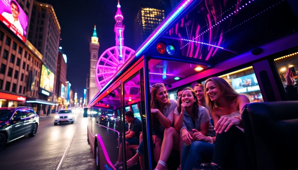 Party Bus Company UK with colorful interior and happy partygoers in a lively city setting.