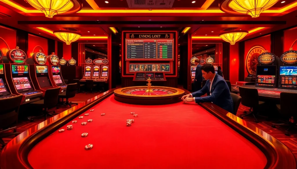 Engaging scene of players using the Tool xổ số siêu tốc in a luxurious casino setting.