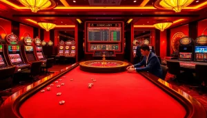 Engaging scene of players using the Tool xổ số siêu tốc in a luxurious casino setting.