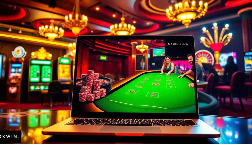 Experience winning at online casinos with https://okwin.blog/ showcasing vibrant poker and slot gaming scenes.