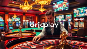 Exciting gambling scene featuring onicplay with players at a roulette wheel and slot machines.
