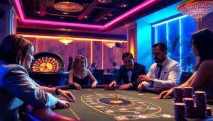 NoHu-themed casino night showcasing elegant poker players and a vibrant roulette wheel in a luxurious setting.