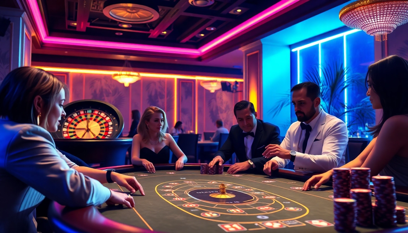 NoHu-themed casino night showcasing elegant poker players and a vibrant roulette wheel in a luxurious setting.