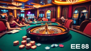 EE88 casino gaming scene featuring a roulette wheel, poker chips, and excited players.