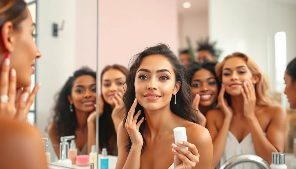 Women applying the best cc cream for oily skin in a bright bathroom, showcasing confidence.