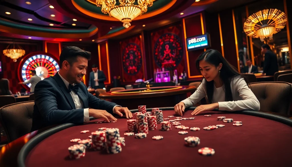 Casino players enjoying a thrilling round at pg88.com poker table, rich with chips and excitement.