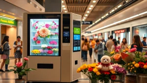 Flower vending machine showcasing fresh bouquets in a busy urban setting, illuminated for visibility.