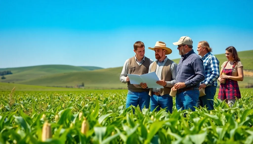 Farmers discussing agricultural law amidst crops in a vibrant field, enhancing legal insights.