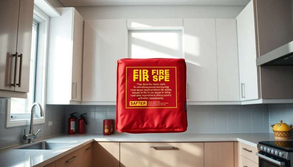 Fire blanket displayed safely in a well-lit kitchen emphasizing home safety.