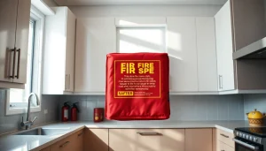 Fire blanket displayed safely in a well-lit kitchen emphasizing home safety.