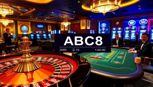 Engage in thrilling casino experiences at ABC8 with poker tables and roulette wheels illuminated by vibrant lights.