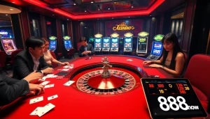 Engaging players at a roulette table highlight 'liên hệ 888now' in a vibrant casino scene.