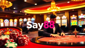 Exciting online gambling experience at Say88 nhà cái with vibrant poker chips and roulette.