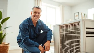 AC repair Garner, NC: HVAC technician servicing a home air conditioning unit in a friendly atmosphere.