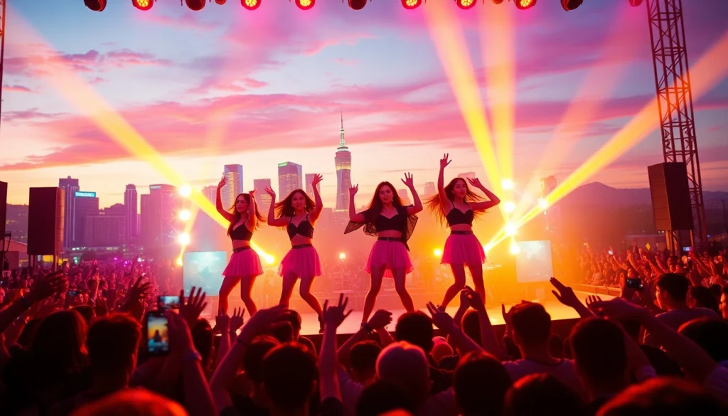 BLACKPINK news featuring the group performing live with vibrant lights and a cheering crowd.
