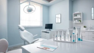 ホワイトニング製品を備えた歯科医院、明るい治療エリア、落ち着いた雰囲気。
