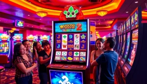 Players engaging with the Mahjong Ways 2 slot machine amid the lively casino atmosphere, showcasing winning excitement.