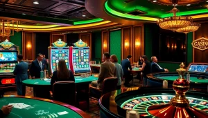 Players enjoying games at k9k9 casino, featuring vibrant tables and exciting slot machines.