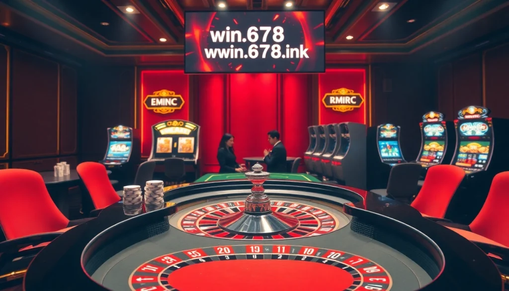 Engage with a thrilling scene at https://win678.ink/ showcasing a roulette table and colorful poker chips in a luxurious casino atmosphere.